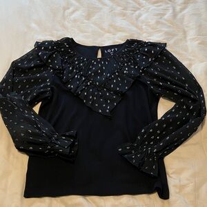 LOFT Black Blouse with Patterned Ruffles